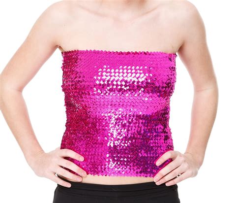 Sequin Tube Top Skirt Glitter Disco Retro Sparkly Boob Tube Bandeau Clubwear Fuchsia One Size