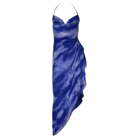 Fw 2000 Emanuel Ungaro Runway Ad Blue Watercolor Silk Chiffon Dress