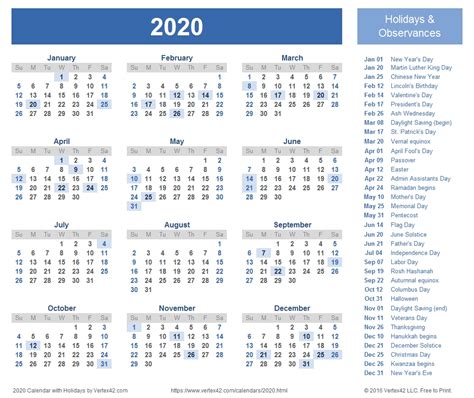 2020 Week Wise Calendar