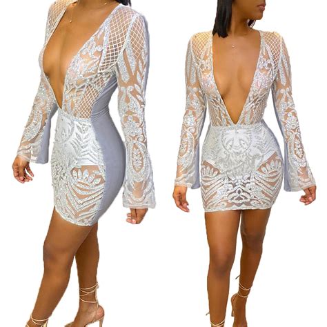Women Designer Bodycon Dress Sheer Mesh Sequined Plunge Sexy Deep V Neck Club Long Sleeve See