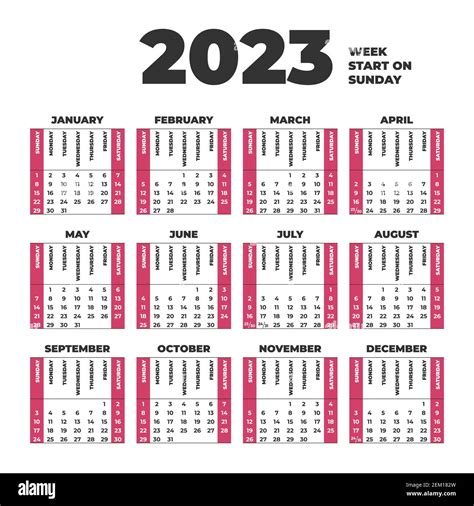 2023 Calendar Template With Weeks Start On Sunday Stock Vector Image