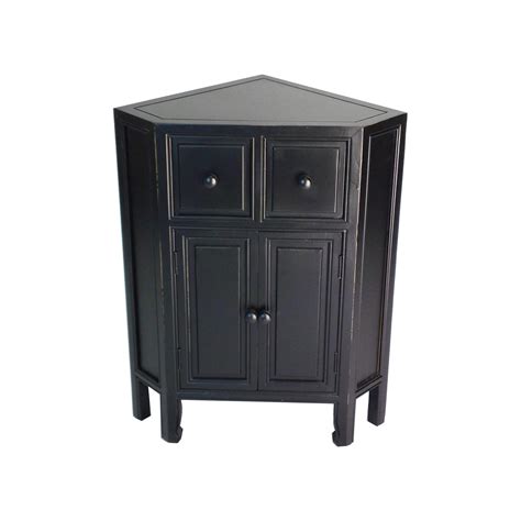34 Inch Wooden 2 Door Corner Cabinet With 2 Drawers Black