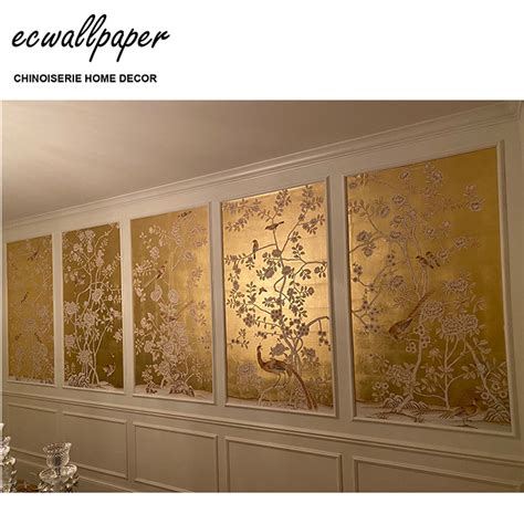 Chinoiserie Hand Painted Wallpaper On Gold Metallic 34x63panel