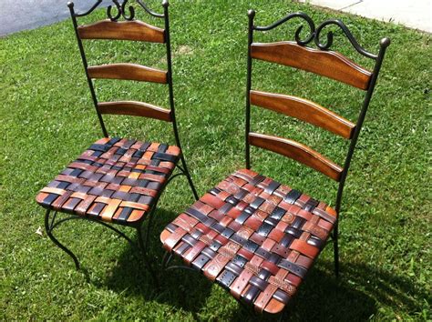 Hand Made Kitchen Chair Set With Woven Leather Recycled Belts For Seats