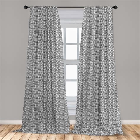 Black And Grey Curtains 2 Panels Set Blossoming Flowers Pattern Simplistic Sketch Style