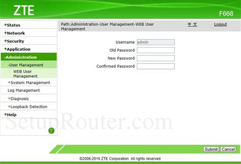 Enter the username & password, hit admin. ZTE F668 Screenshot WEBUserManagement