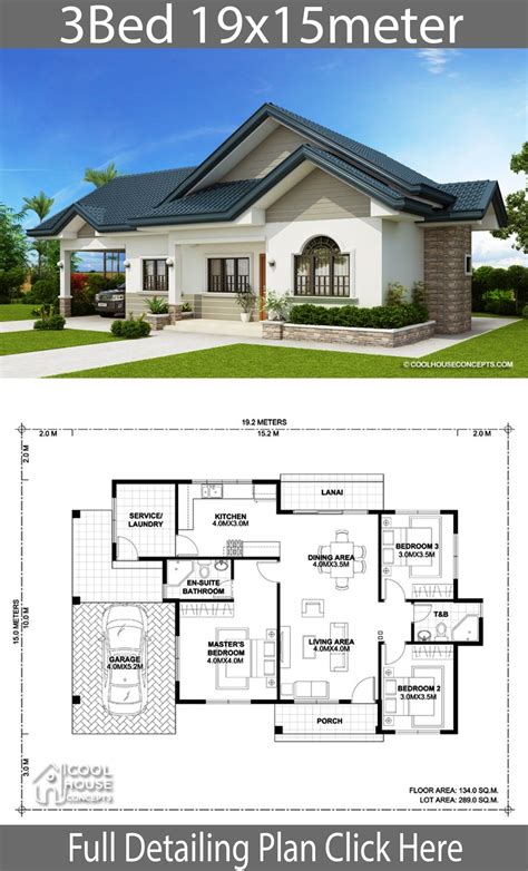 Home Design Plan 19x15m With 3 Bedrooms Home Ideas Modern Bungalow
