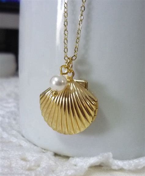 18k Gold Plated Shell Locket Pearl Necklace By Cottagejewelry Shell