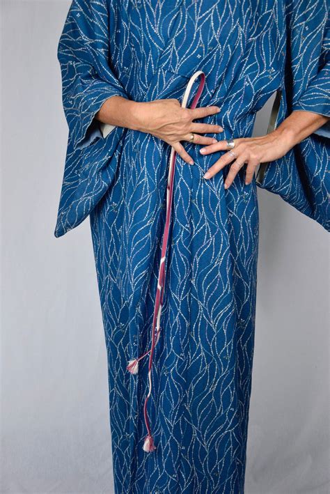 Japanese Vintage Kimono Robe In Blue Silk With Obijime Kumihimo Belt Gown Robe Street Style