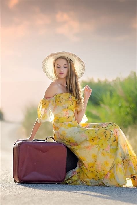 Wallpaper Summer Dress Blonde Girl Hat Suitcases Road Sun 1920x1200