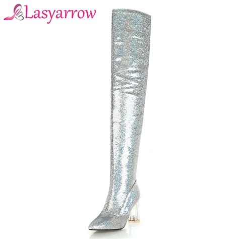 lasyarrow autumn winter shoes for women high heels glitter thigh high long boots pointed toe