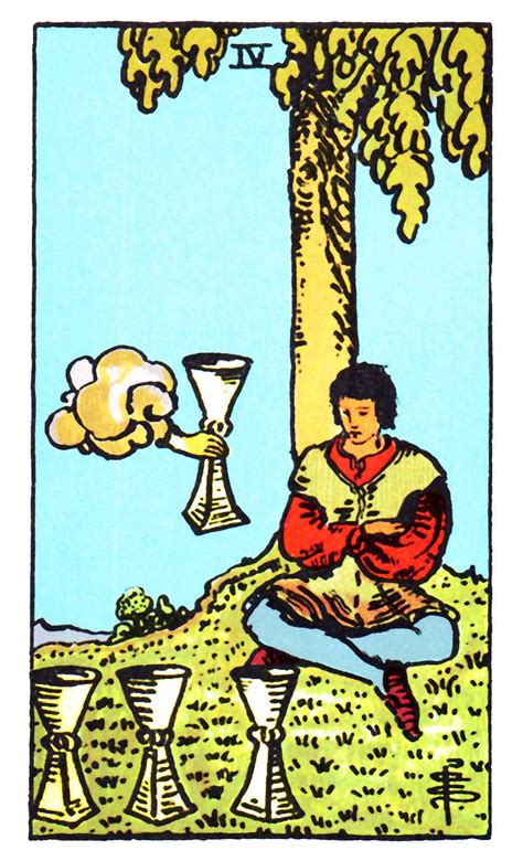 Reversed, this card can show up to warn you about anxiety or depression or frustration reaching a point where your daily life and relationships will be negatively affected. Tarot Minor Arcana card: Four of Cups Dissatisfaction. When you've had enough, what can pleasure ...