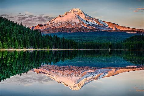 Nature Landscape Snowy Peak Mountains Sunset Forest Lake Water
