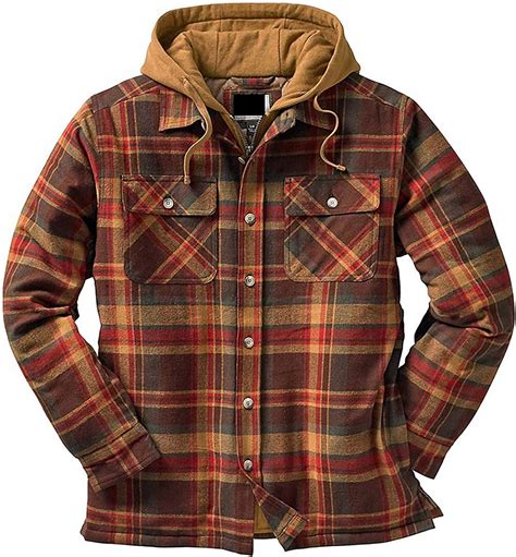 mens warm drawstring hooded quilted lined flannel shirt jacket long sleeve plaid button up