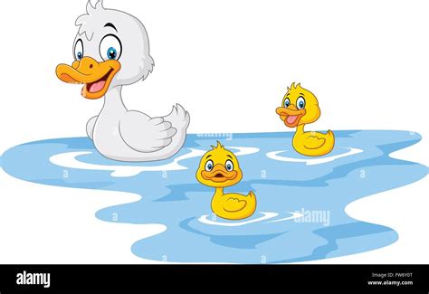 Cartoon Funny Mother Duck With Baby Duck Floats On Water Stock Vector