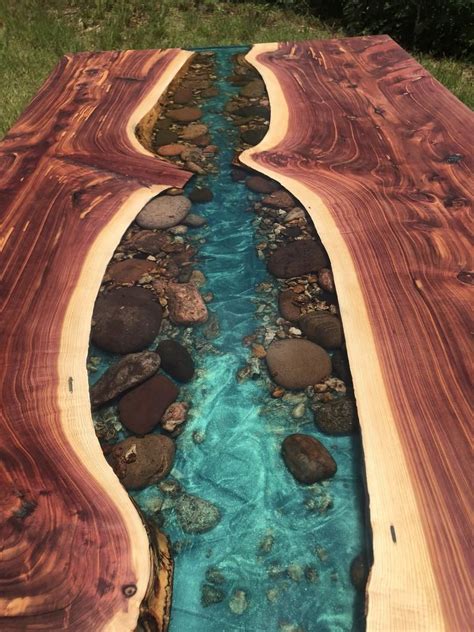 Cedar Live Edge River Dining Table With Stone Resin Etsy Mesa De