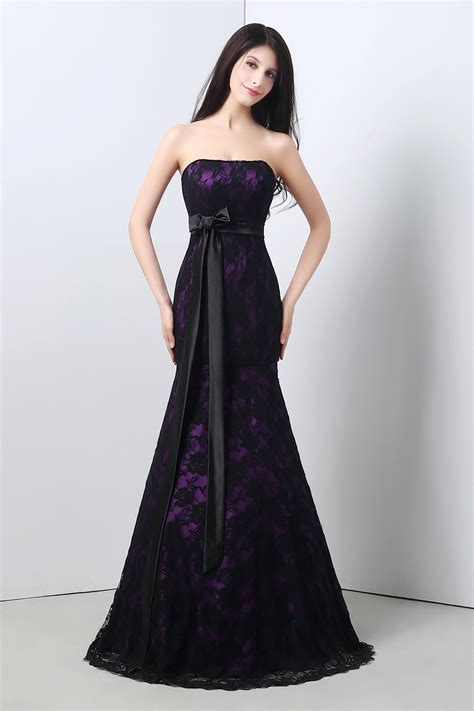 Formal Mermaid Strapless Purple Satin Black Lace Evening Dress With Sash Bow Lace Evening