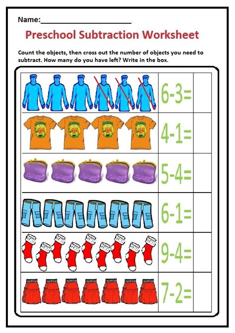 Clothes Theme Subtraction Worksheet Preschool And