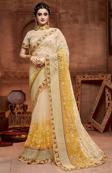 Cream Embroidered Net Saree With Blouse Monjolika 3345452