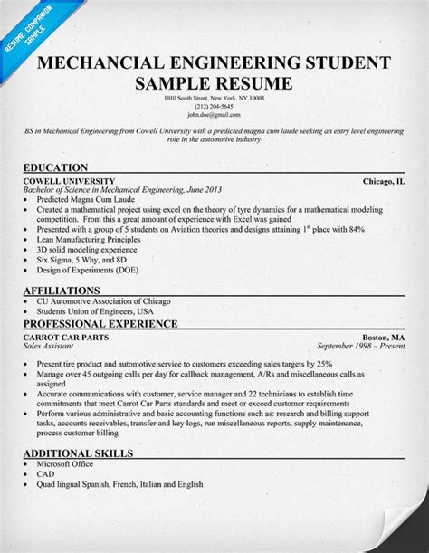Tailor your objective to each company and include. Mechanical Engineering Resume | Template Business