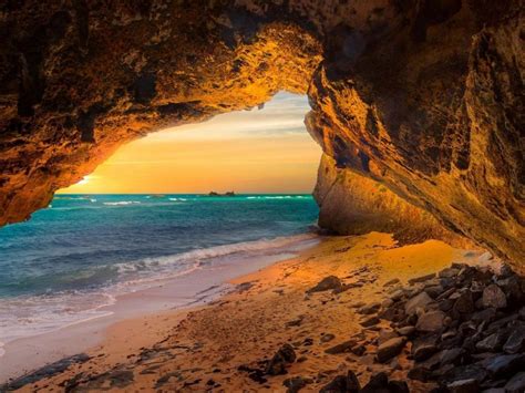 Sunset Scenario Cave In The Sea Coast Desktop Hd Wallpaper For Pc