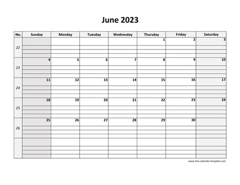June 2023 Calendar Free Printable With Grid Lines Designed Horizontal