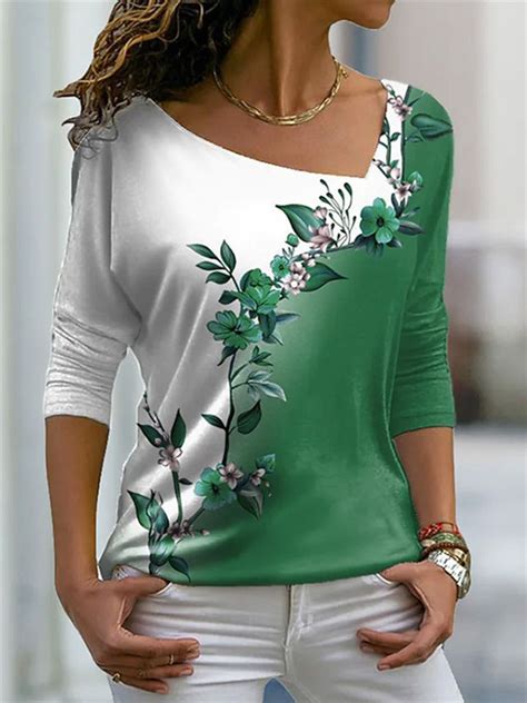 women s t shirt tee green blue purple graphic floral print long sleeve casual weekend v neck