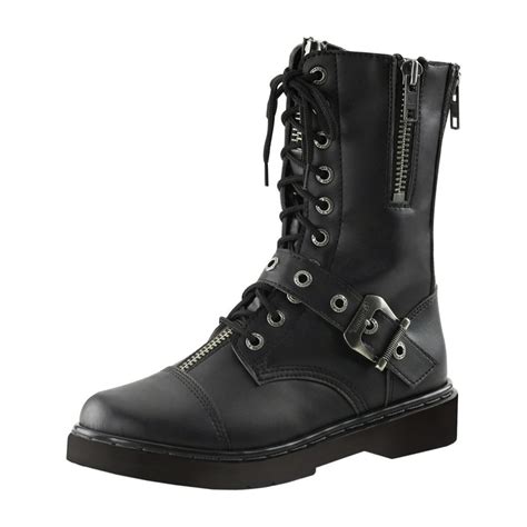 demonia mens combat boots black vegan leather shoes lace up buckle zipper 1 inch heel size 4