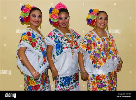 Mexican Girls In Traditional Embroidered Dress Merida Yucatan State