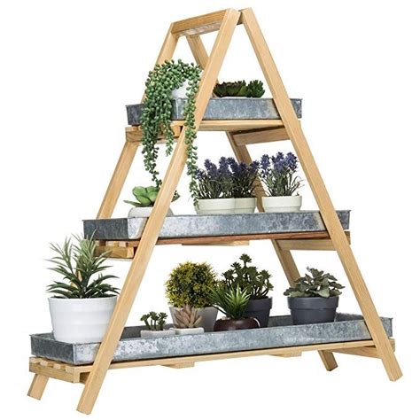 Myt 3 Tier Rustic Wood A Frame Plant Stand With Tin Trays Framed