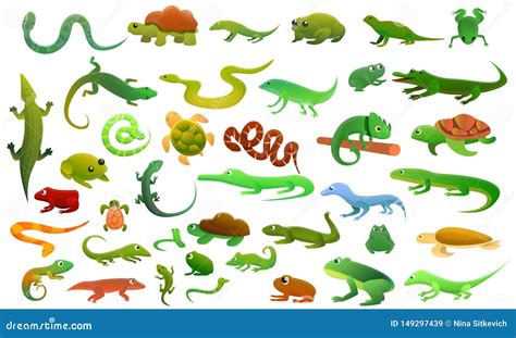 Reptiles Amphibians Icons Set Cartoon Style Stock Vector
