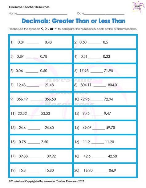 Decimals Greater Than Or Less Than Worksheet 1 In 2022 Teacher