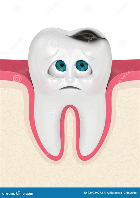 3d Render Of Cartoon Mr Tooth In Gums Looking At Cavity Stock
