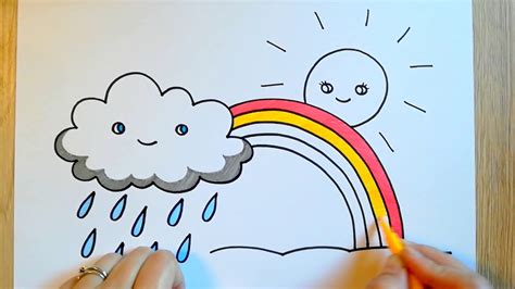 How To Draw Weather Rainy Cloud Rainbow And Sun Colored With
