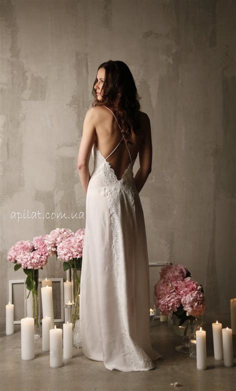Long Silk Bridal Nightgown With Open Back And Lace F Lingerie