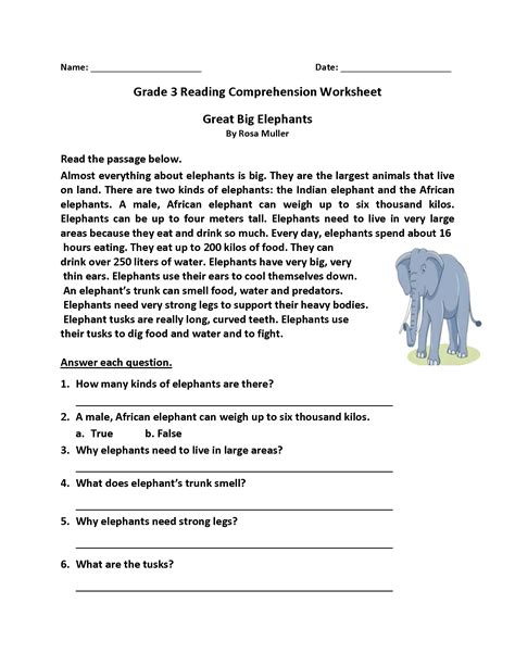 An Elephant Reading Worksheet For Grade 3