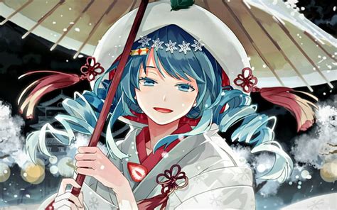 Hatsune Miku Red Umbrella Manga Winter Girl Snowflakes Anime