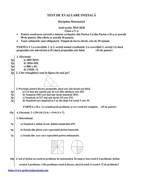 An Scolar 2019 2020 Clasa A V A Test Initial La Matematica Cu