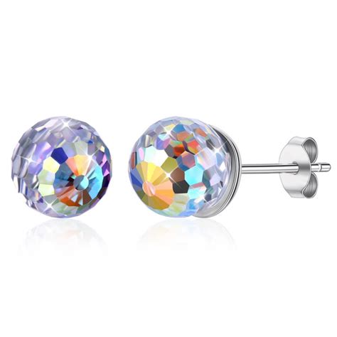 Swarovski Crystals Aurora Borealis Round Disco Ball Stud Earrings