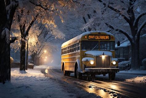 Premium Photo A Snowcovered School Bus Driving Down A Street In The