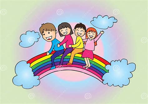 Cartoon Happy Kids On The Rainbow Stock Vector Illustration Of