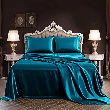 Amazon Com Siinvdabzx Pcs Satin Sheet Set Queen Size Ultra Silky Soft Teal Satin Queen Bed