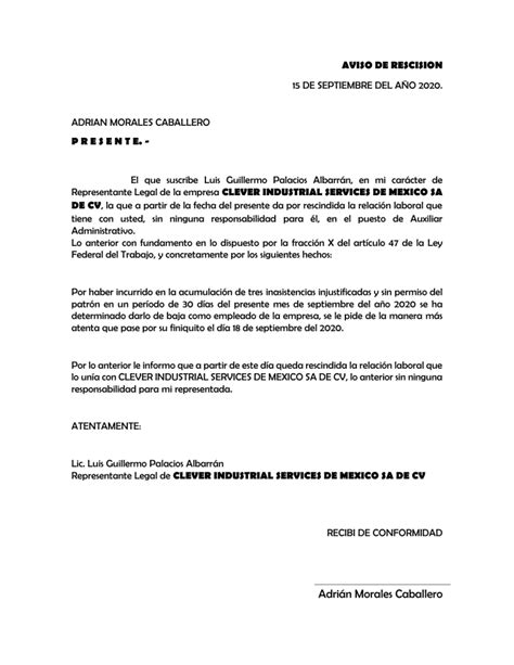 AVISO DE RESCISION LABORAL