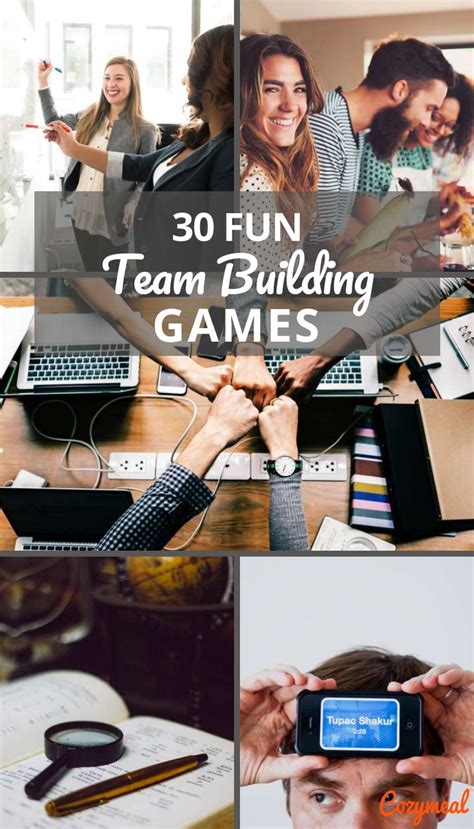 A Collage Of Photos With The Words Fun Team Building Games Written On Them