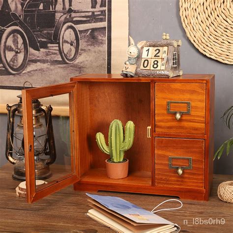 Solid Wood Vintage Storage Cabinet Desktop Cosmetics Skin Care Storage