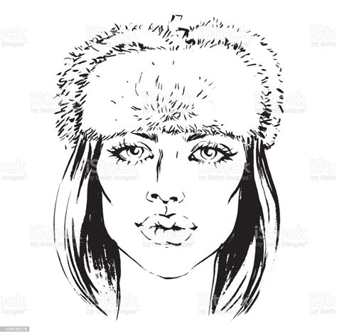 Vector Hand Draw Illustration Of Girl In Fur Hat Stock Illustration