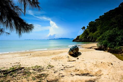Free Download Nature Landscape Beach Sand Sea Hill Trees Shrubs Boat