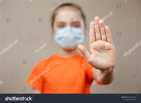 Little Girl Wearing Mask Protect Showing Stock Photo 1739690387