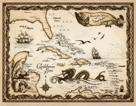Hand Drawn Old World Style Map Mermaids Sea Monsters Caribbean