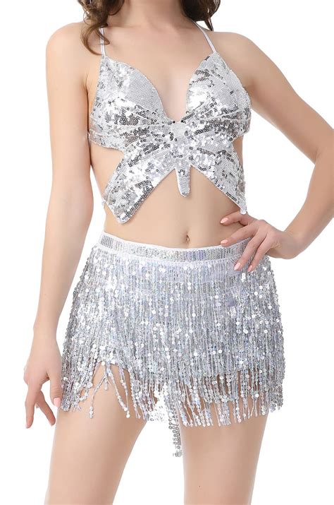 Buy Women Belly Dance Costume Padded Bra Top Hip F With Sequin Fringe 2 Piece Tassel Latin Samba